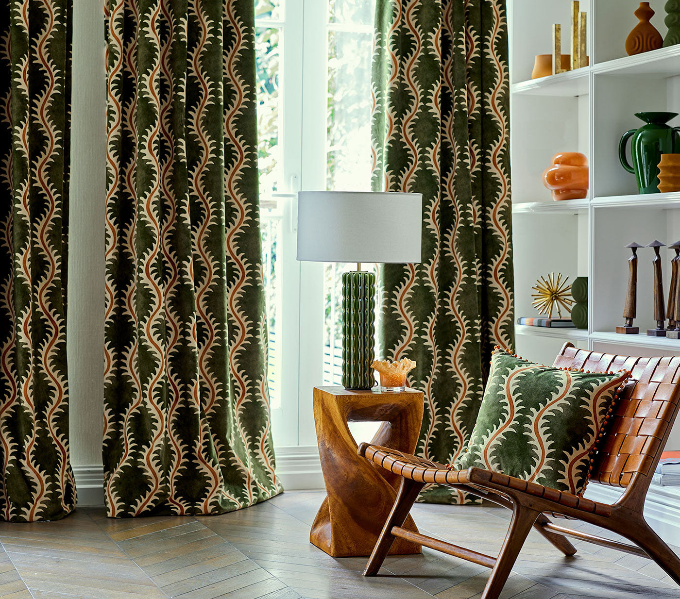Helter Skelter Velvet Curtain in Moss