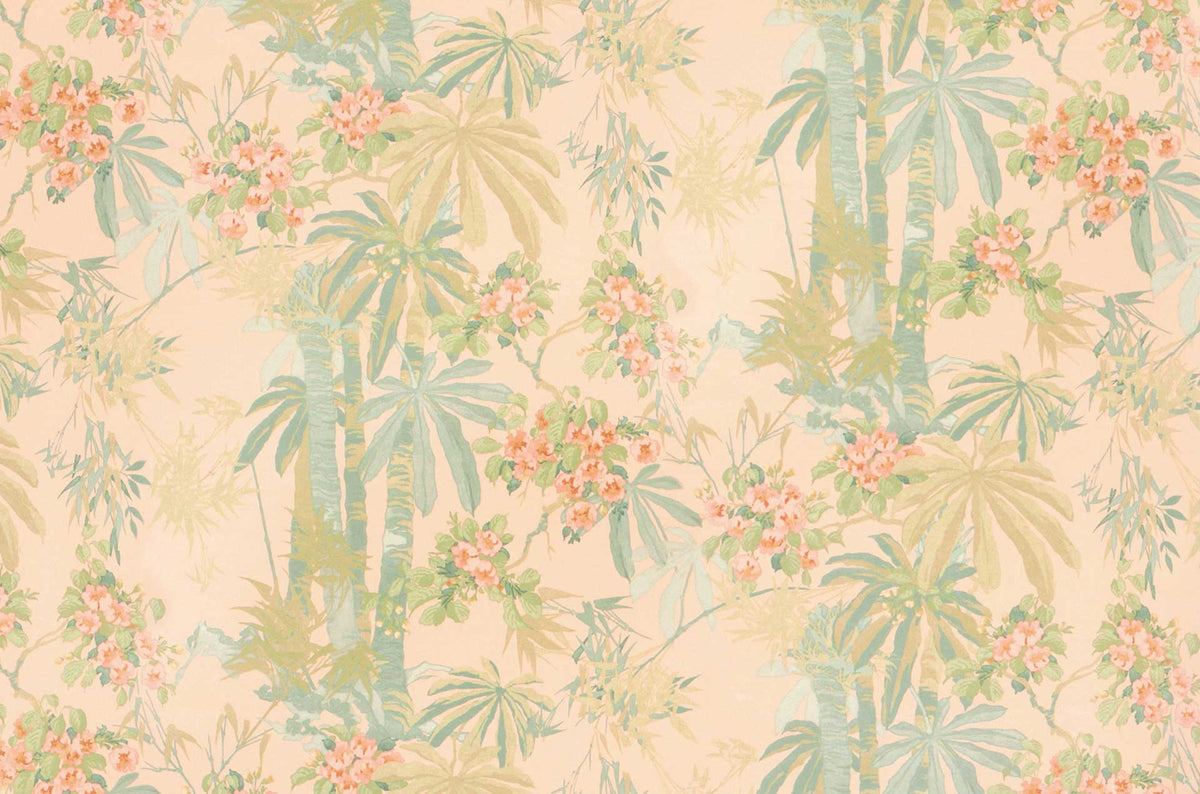 Sample of a printed velvet fabric showing a tropical leaf design in pastel shades