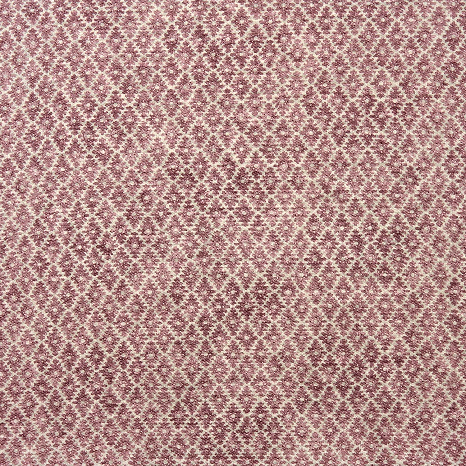 Fabric sample of red and neutral printed linen fabric with a geometric pattern