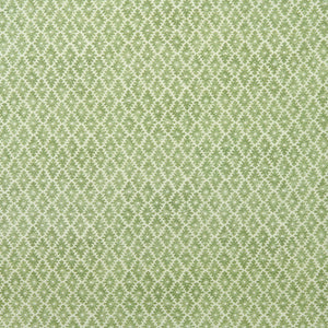 Fabric sample of a green and neutral printed linen fabric with a geometric pattern