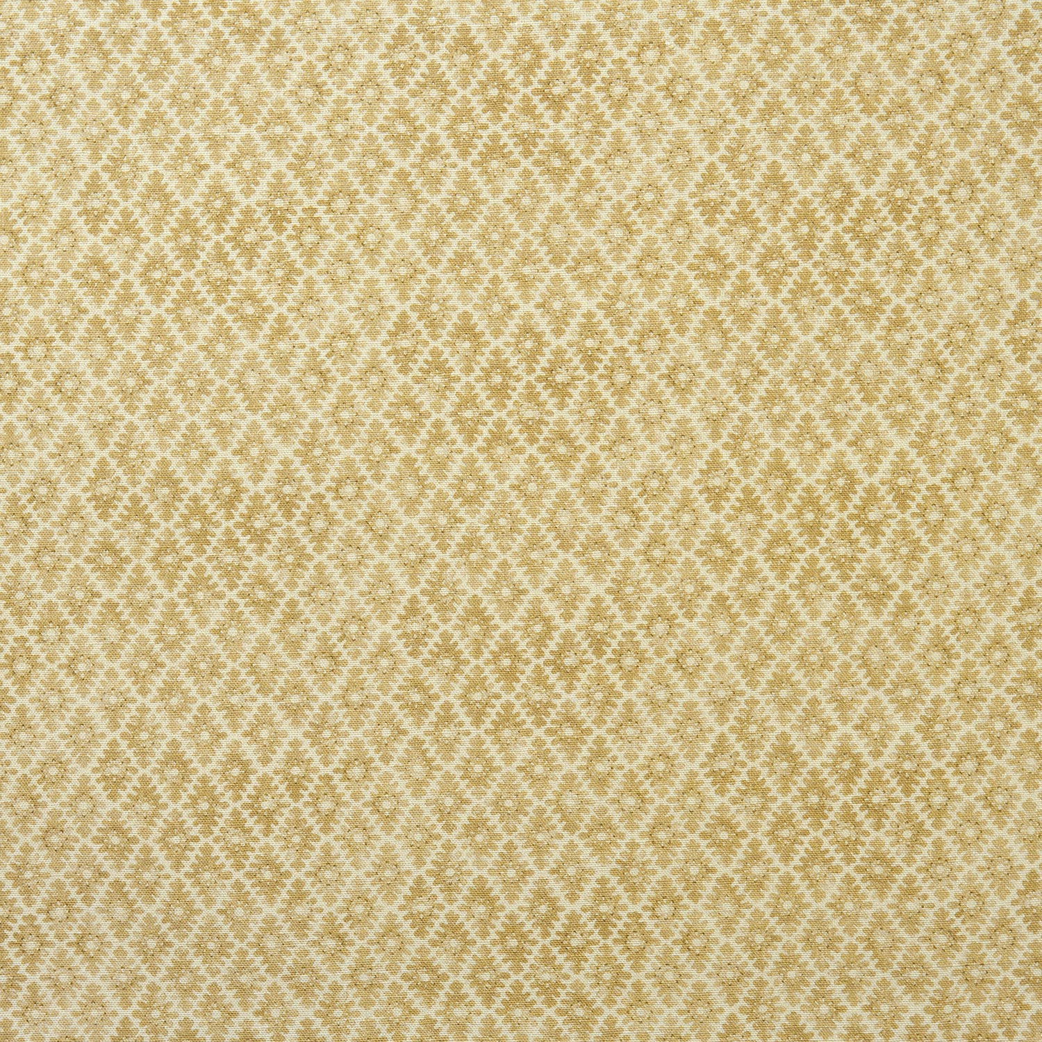 Fabric sample of a yellow and neutral printed linen fabric with a geometric pattern