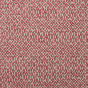 Fabric sample of a red and neutral printed linen fabric with a geometric pattern