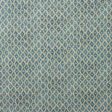 Fabric sample of a blue and neutral printed linen fabric with a geometric pattern