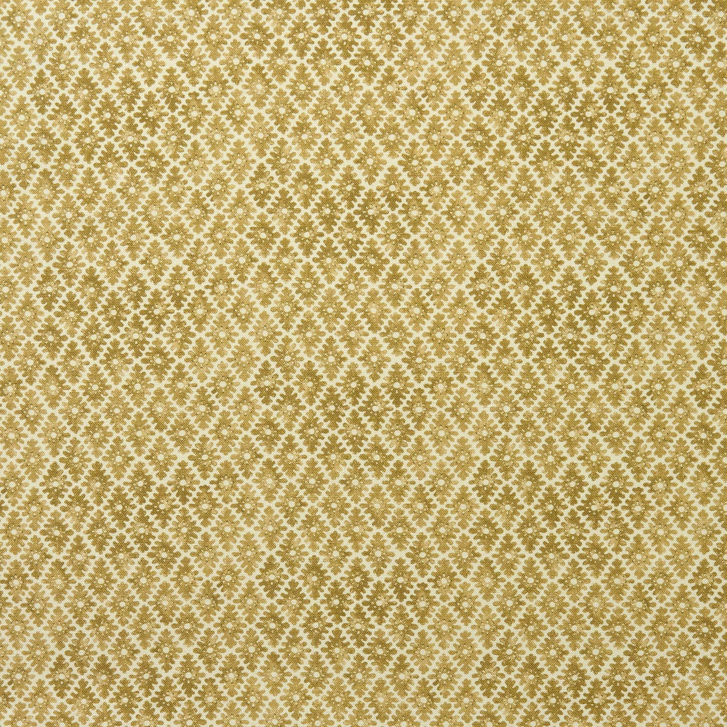 Fabric sample of a yellow and neutral printed linen fabric with a geometric pattern