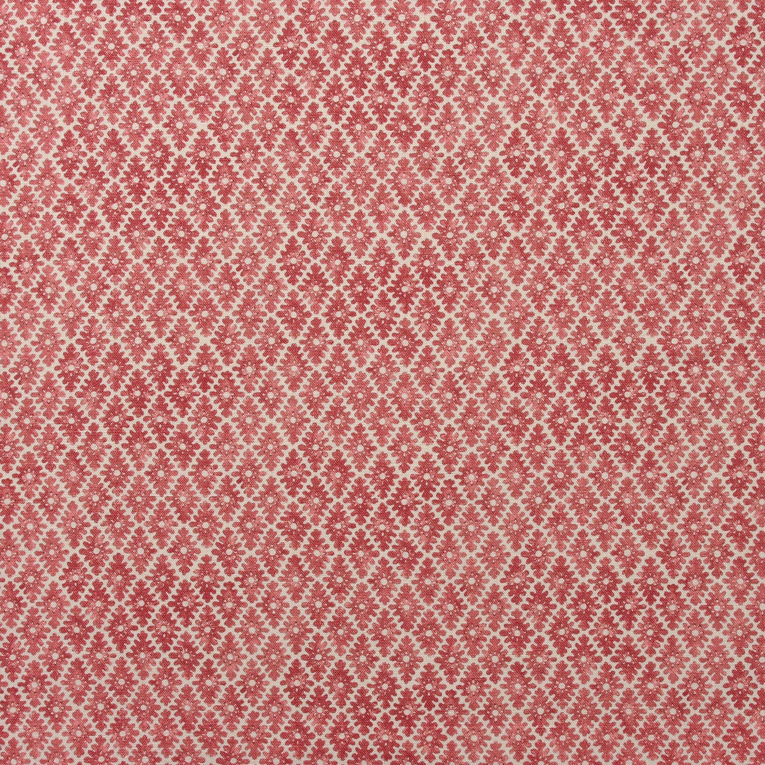 Fabric sample of a red and neutral printed linen fabric with a geometric pattern