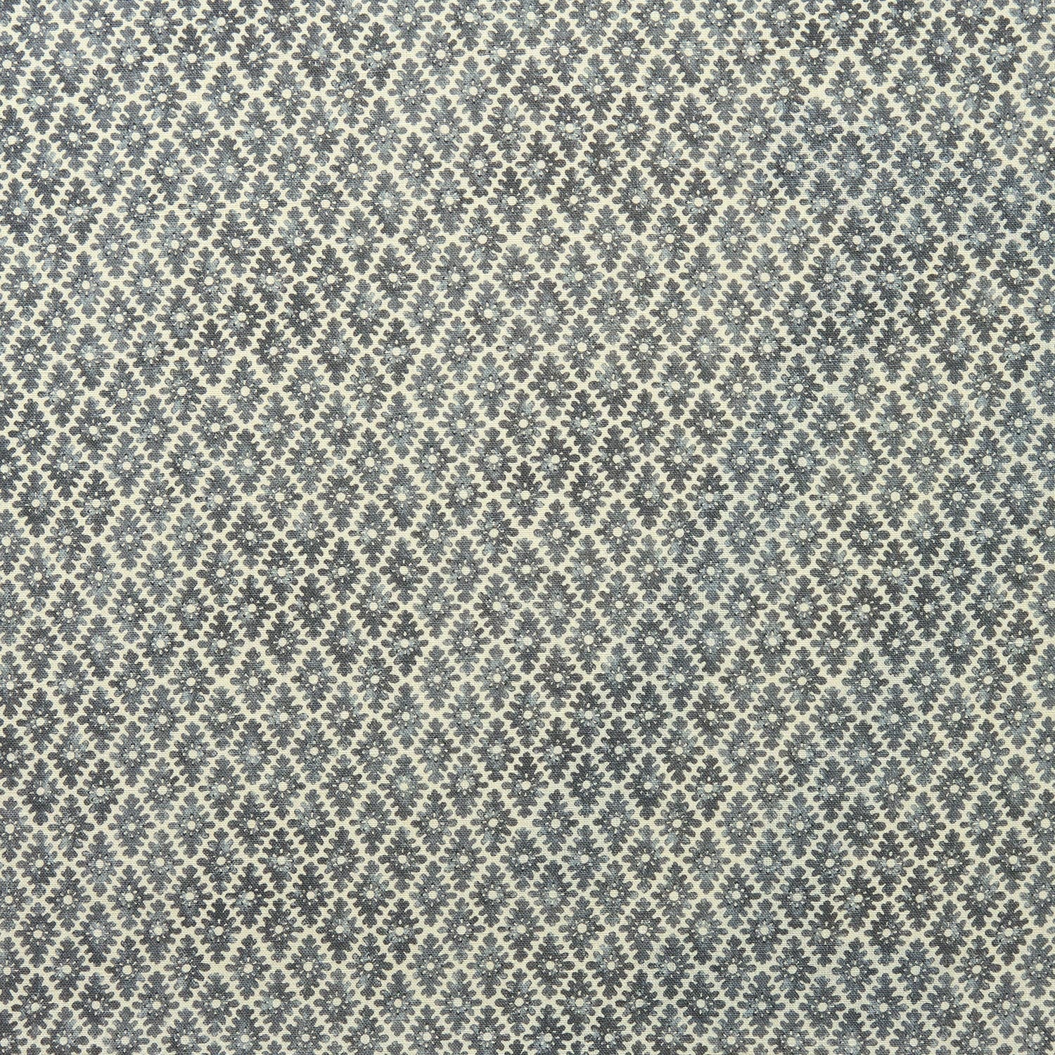 Fabric sample of a blue and neutral printed linen fabric with a geometric pattern