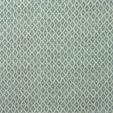 Fabric sample of a blue and neutral printed linen fabric with a geometric pattern