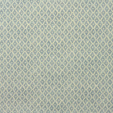 Fabric sample of a blue and neutral printed linen fabric with a geometric pattern