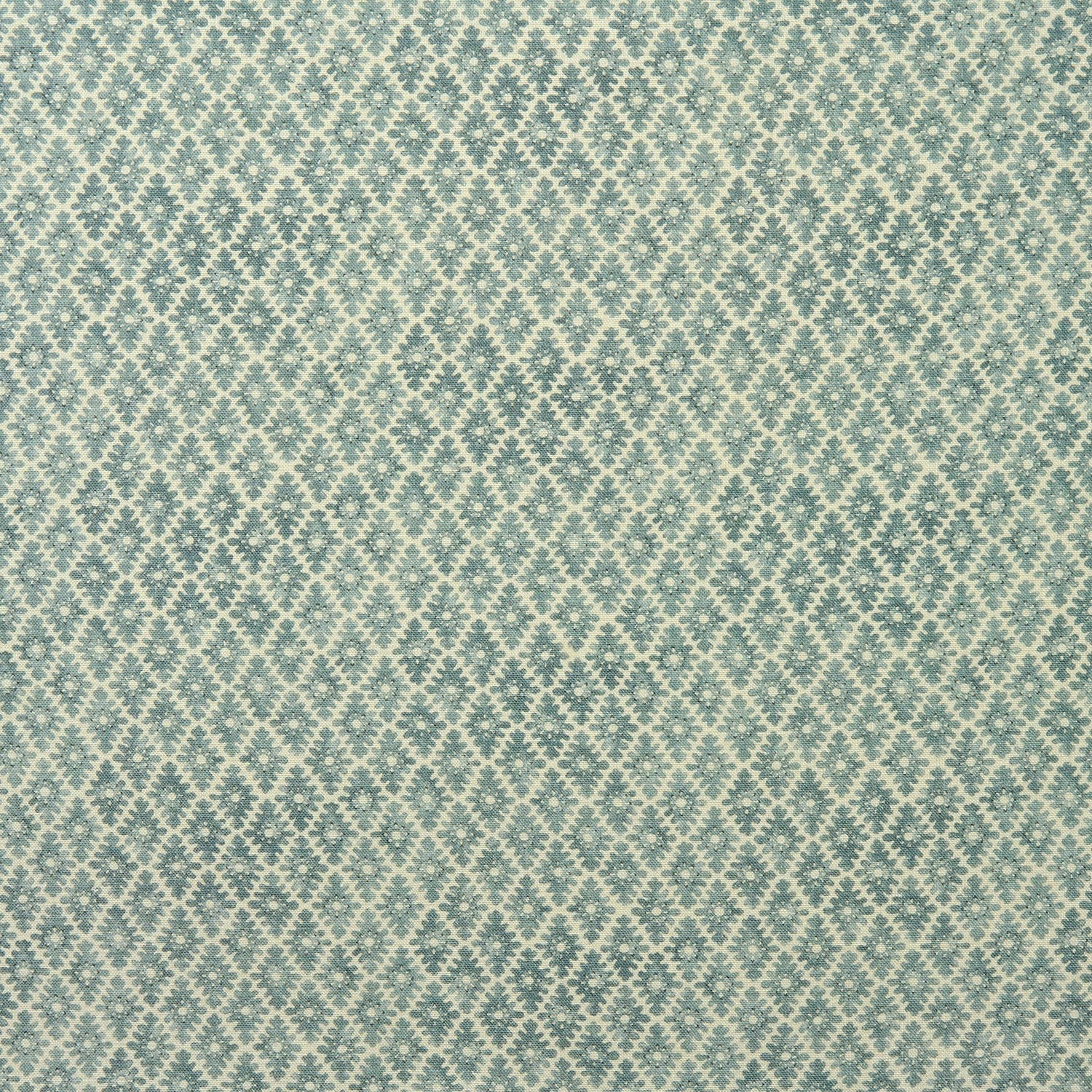 Fabric sample of a blue and neutral printed linen fabric with a geometric pattern