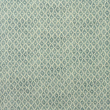 Fabric sample of a blue and neutral printed linen fabric with a geometric pattern