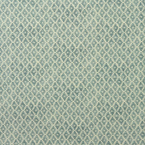 Fabric sample of a blue and neutral printed linen fabric with a geometric pattern