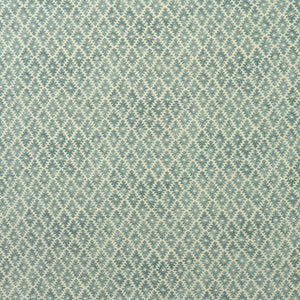 Fabric sample of a blue and neutral printed linen fabric with a geometric pattern