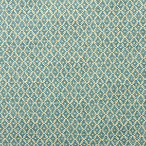 Fabric sample of a blue and neutral printed linen fabric with a geometric pattern