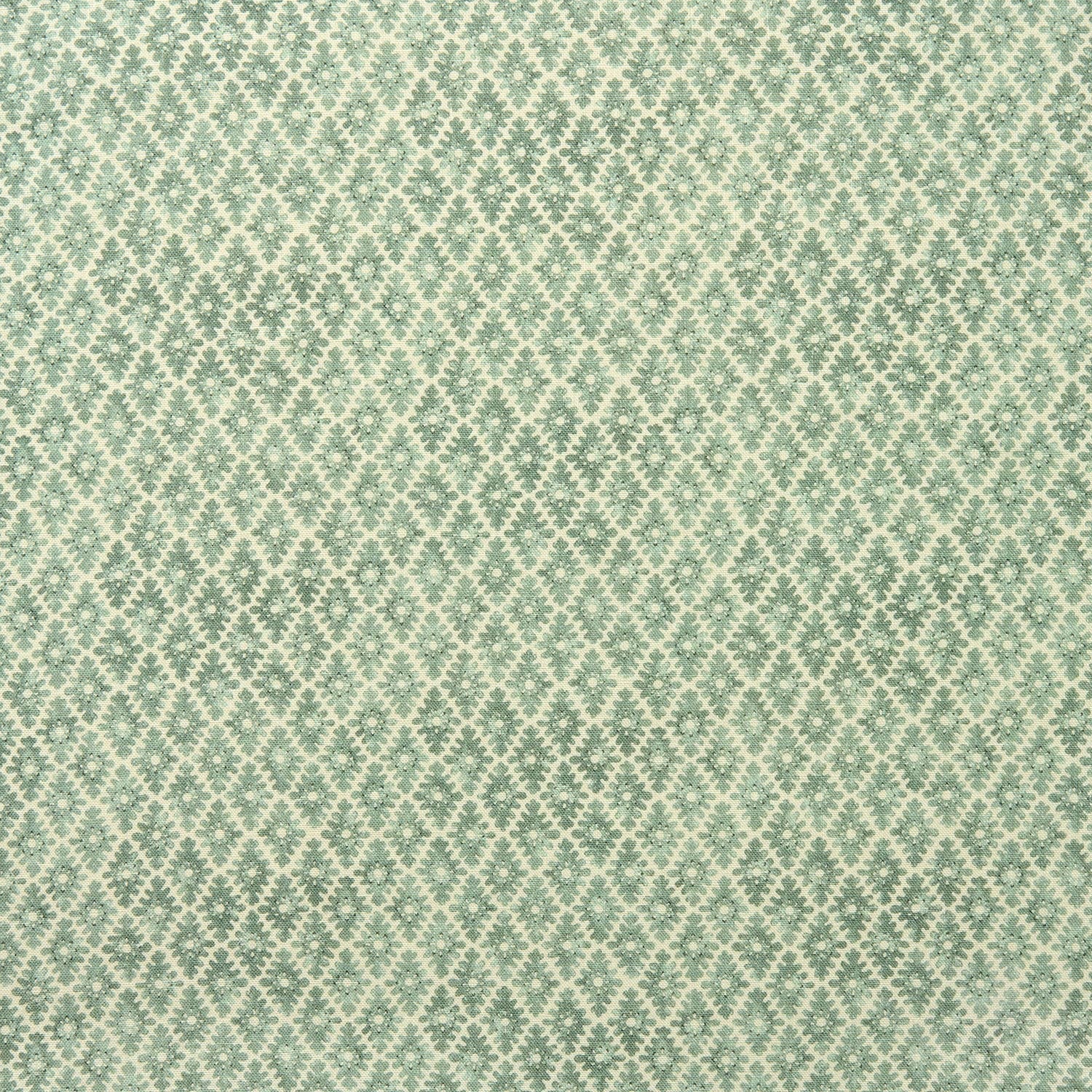 Fabric sample of a green and neutral printed linen fabric with a geometric pattern