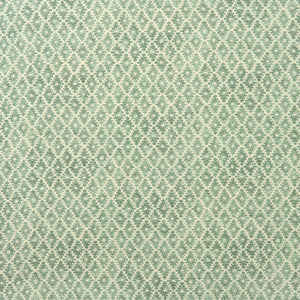 Fabric sample of a green and neutral printed linen fabric with a geometric pattern