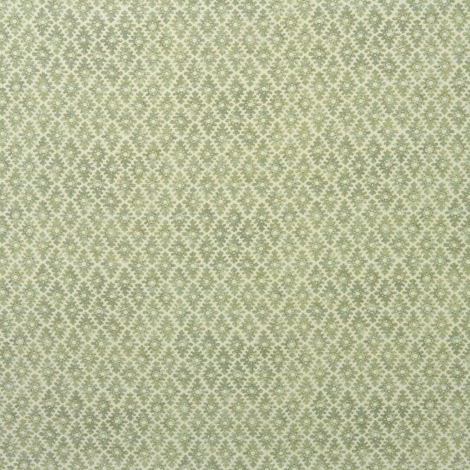 Fabric sample of a green and neutral printed linen fabric with a geometric pattern