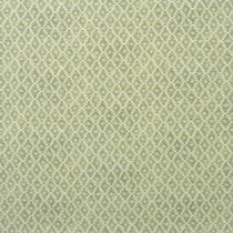 Fabric sample of a green and neutral printed linen fabric with a geometric pattern