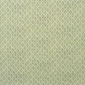 Fabric sample of a green and neutral printed linen fabric with a geometric pattern