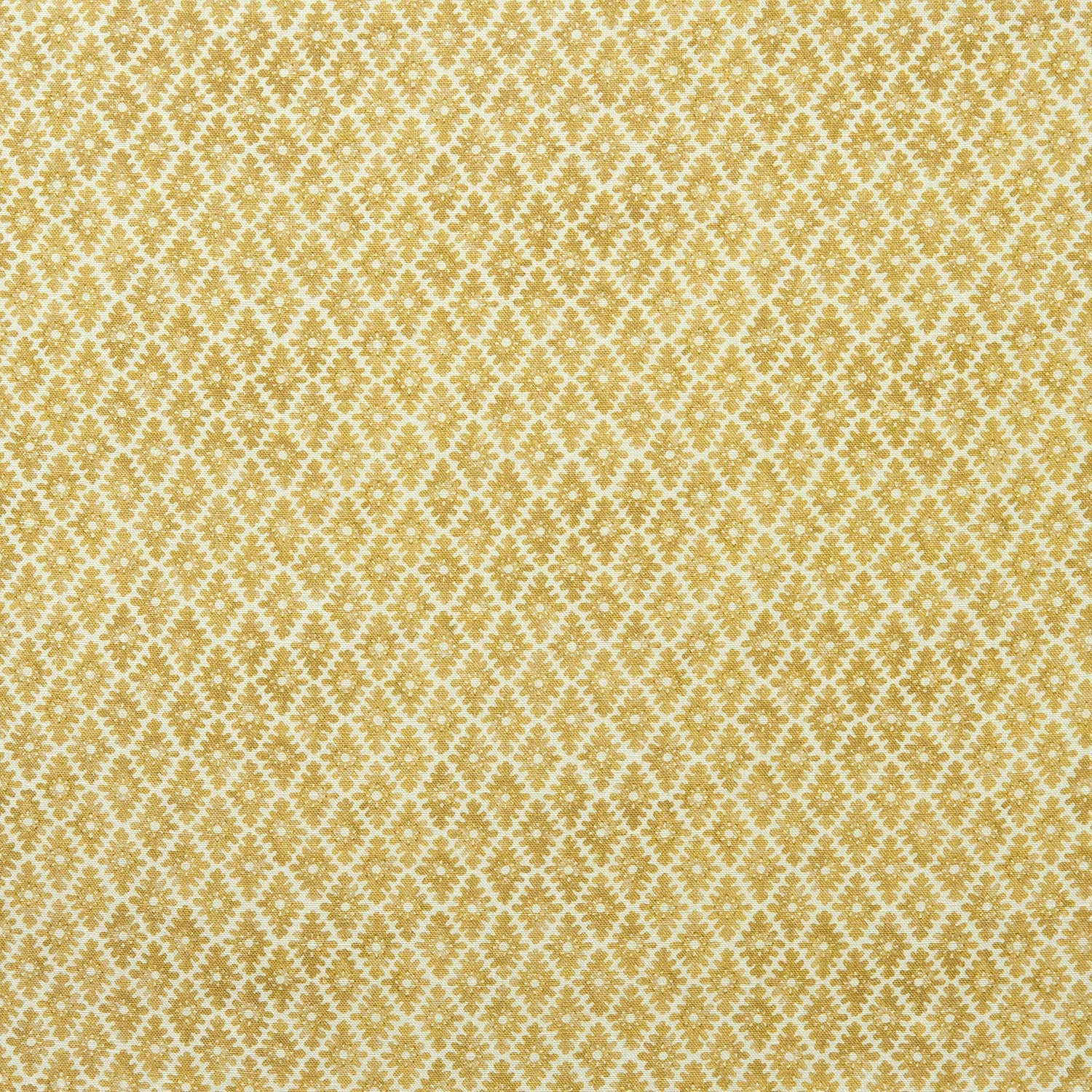 Fabric sample of a yellow and neutral printed linen fabric with a geometric pattern