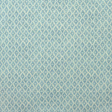 Fabric sample of blue and neutral printed linen fabric with a geometric pattern