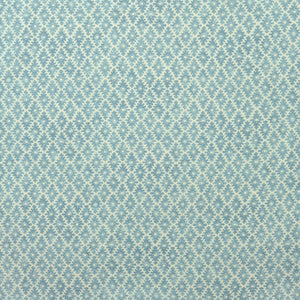 Fabric sample of blue and neutral printed linen fabric with a geometric pattern