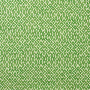 Fabric sample of a green and neutral printed linen fabric with a geometric pattern