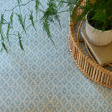 Fabric sample of blue and neutral printed linen fabric with a geometric pattern