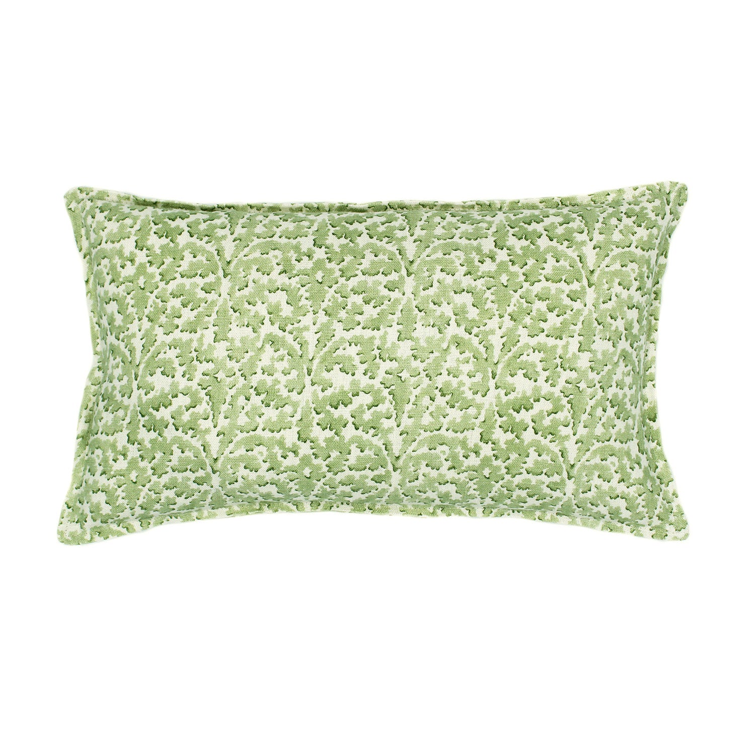 A green and cream linen cushion with a damask pattern.