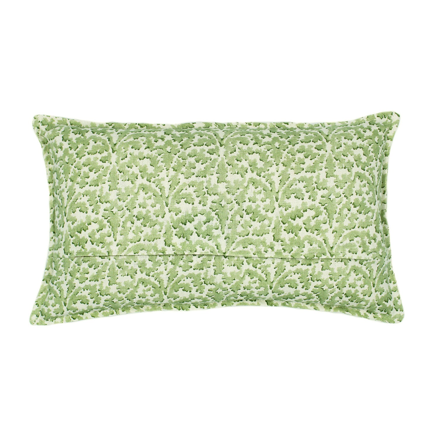 A green and cream linen cushion with a damask pattern.