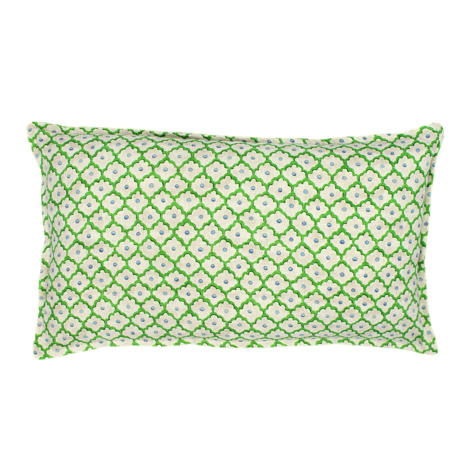 A green, blue and cream linen cushion with a trellis pattern.