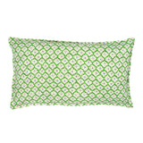 A green, blue and cream linen cushion with a trellis pattern.