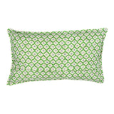 A green, blue and cream linen cushion with a trellis pattern.