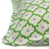 A green, blue and cream linen cushion with a trellis pattern.