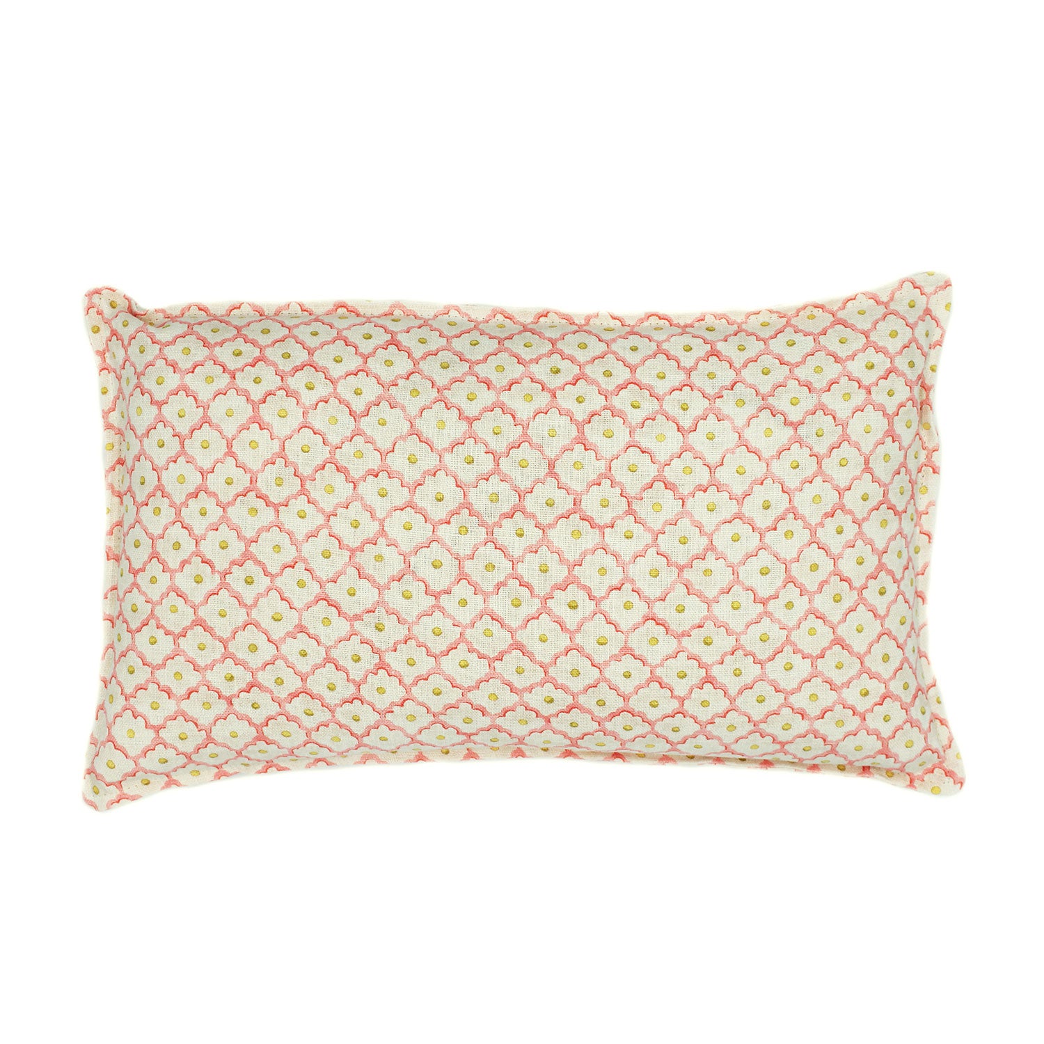 A pink, yellow and cream linen cushion with a trellis pattern.