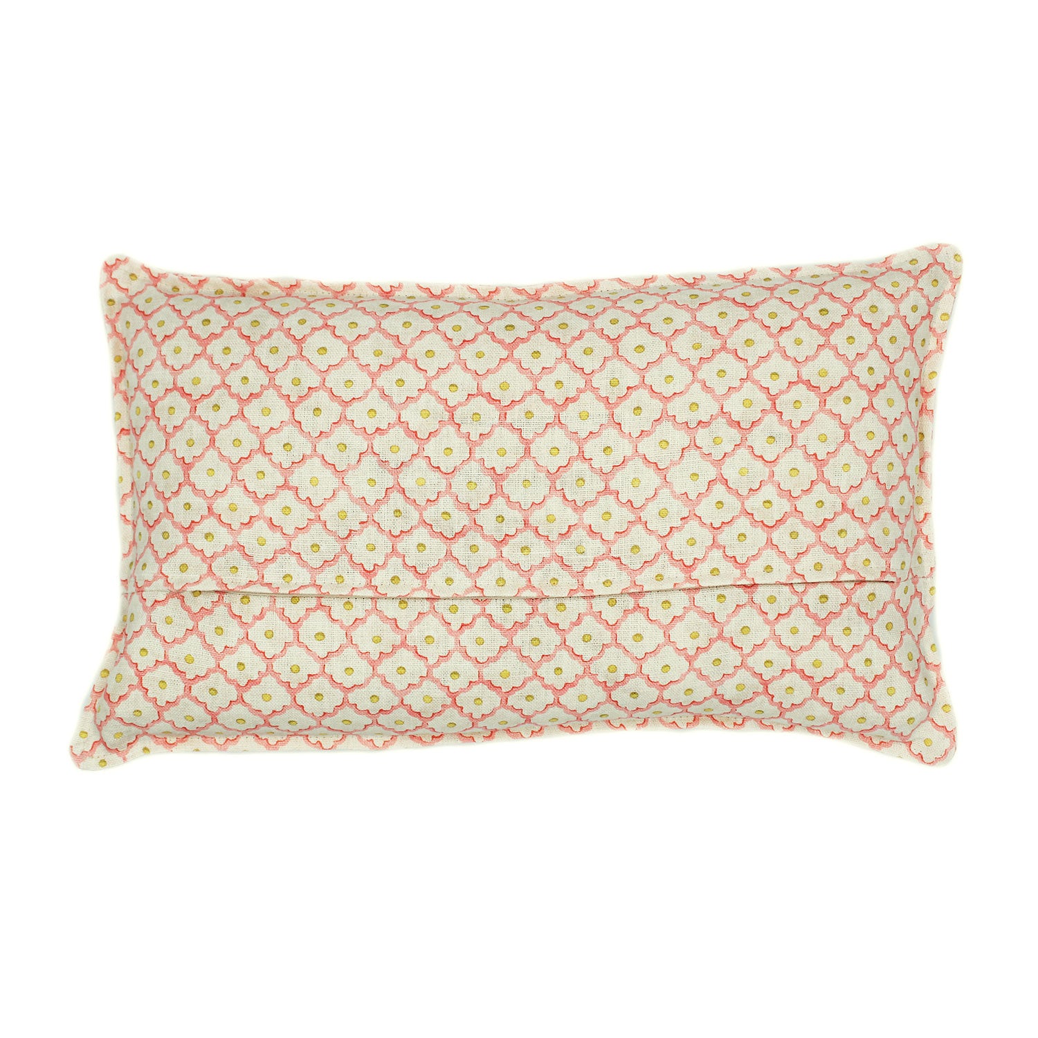 A pink, yellow and cream linen cushion with a trellis pattern.