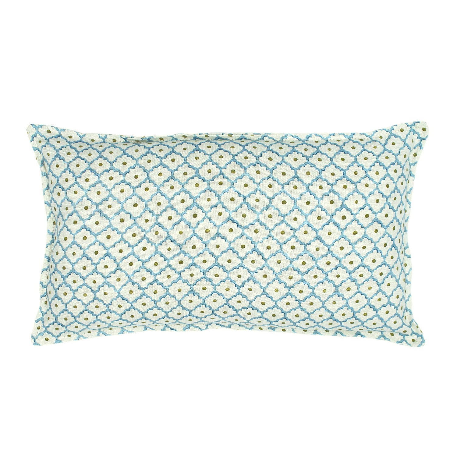 A blue, yellow and cream linen cushion with a trellis pattern.