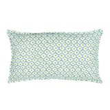 A blue, yellow and cream linen cushion with a trellis pattern.