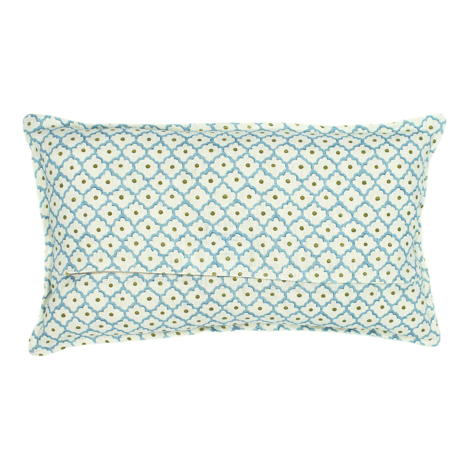 A blue, yellow and cream linen cushion with a trellis pattern.