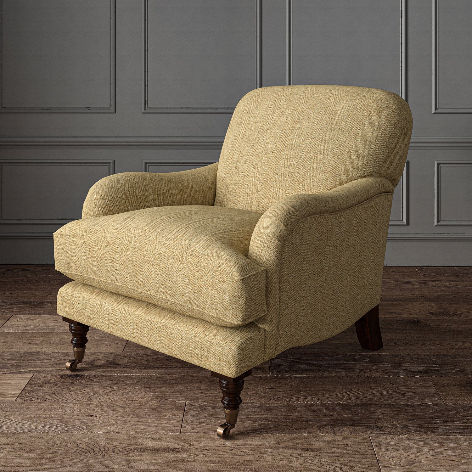 Brown chair upholstered in a herringbone pure wool woven fabric.