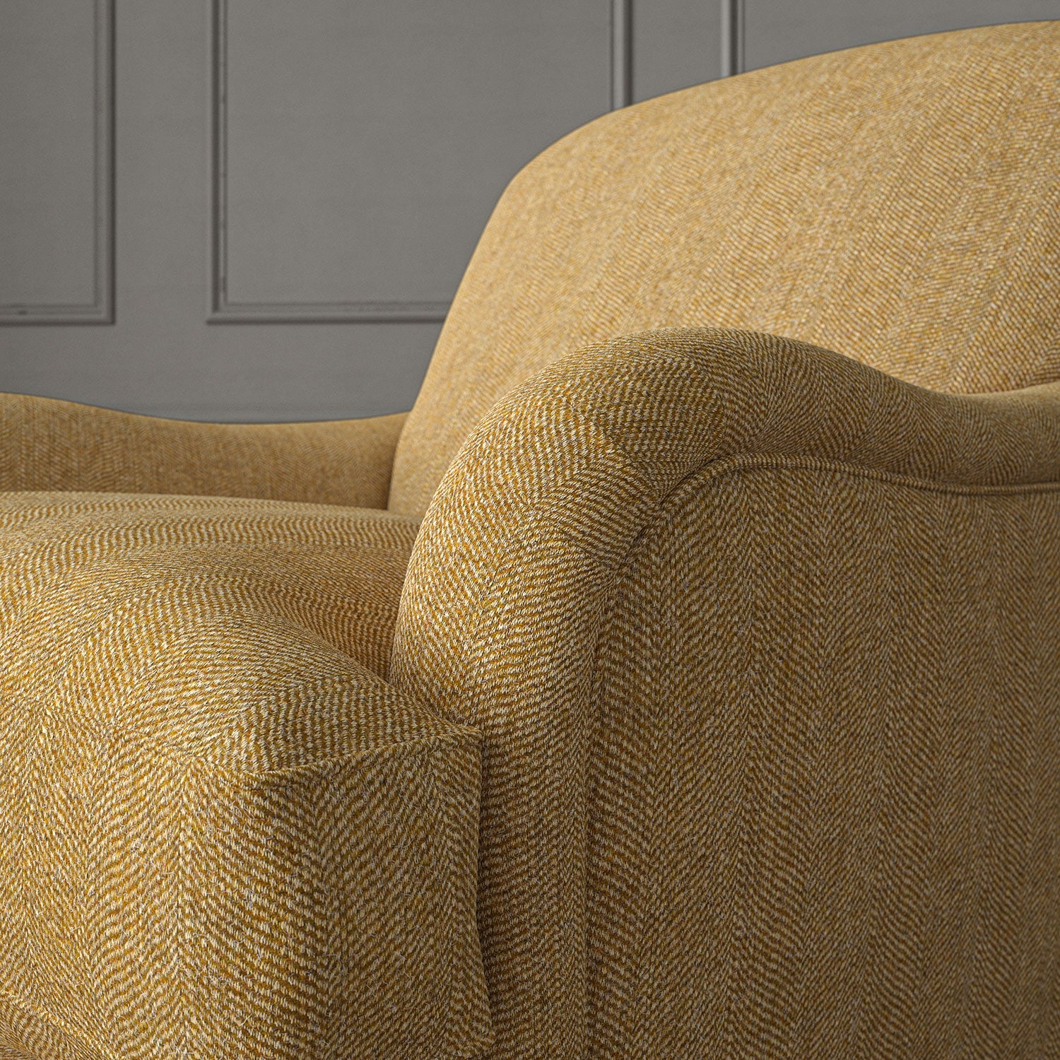 Yellow chair upholstered in a herringbone pure wool woven fabric.