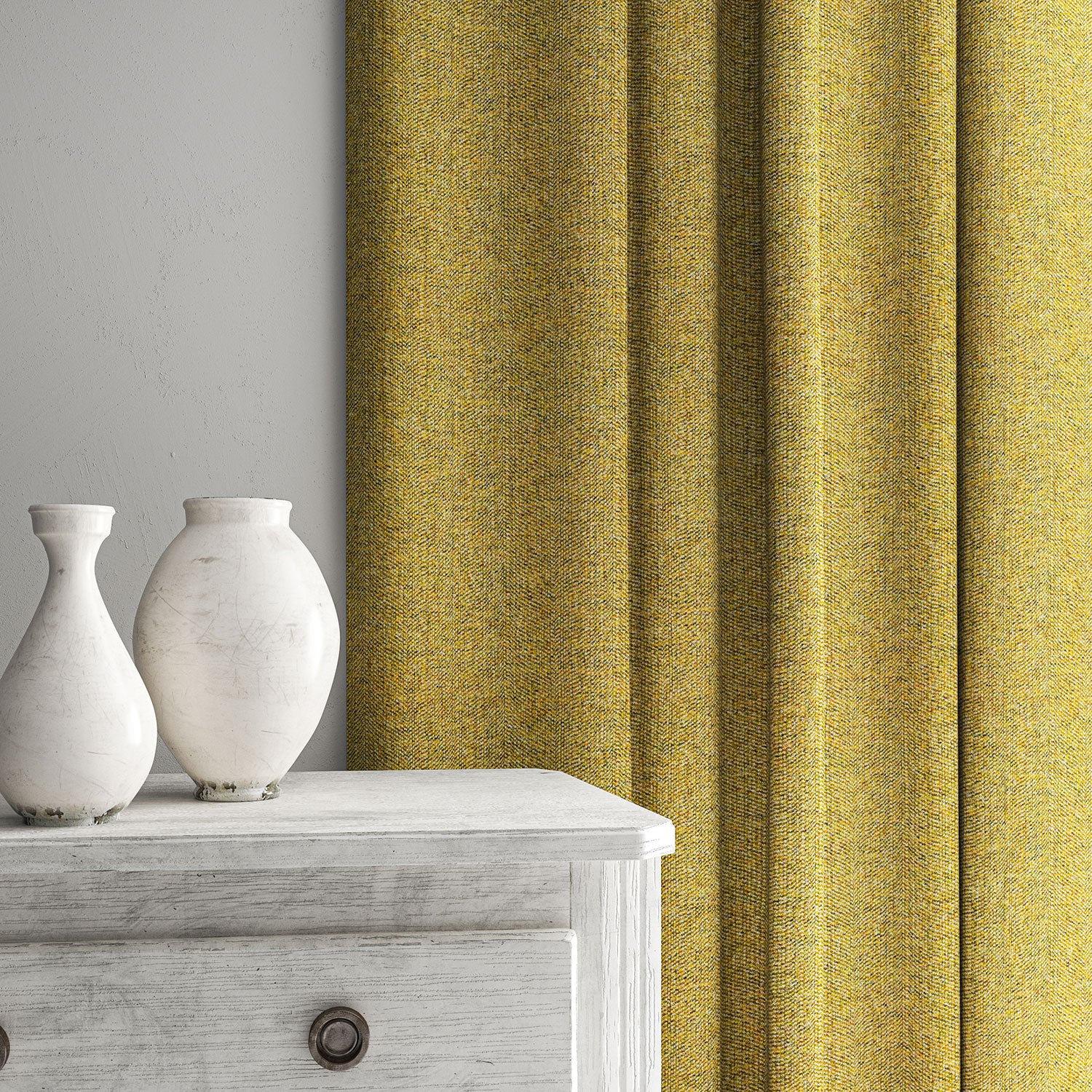 Yellow curtain made from a herringbone pure wool woven fabric.