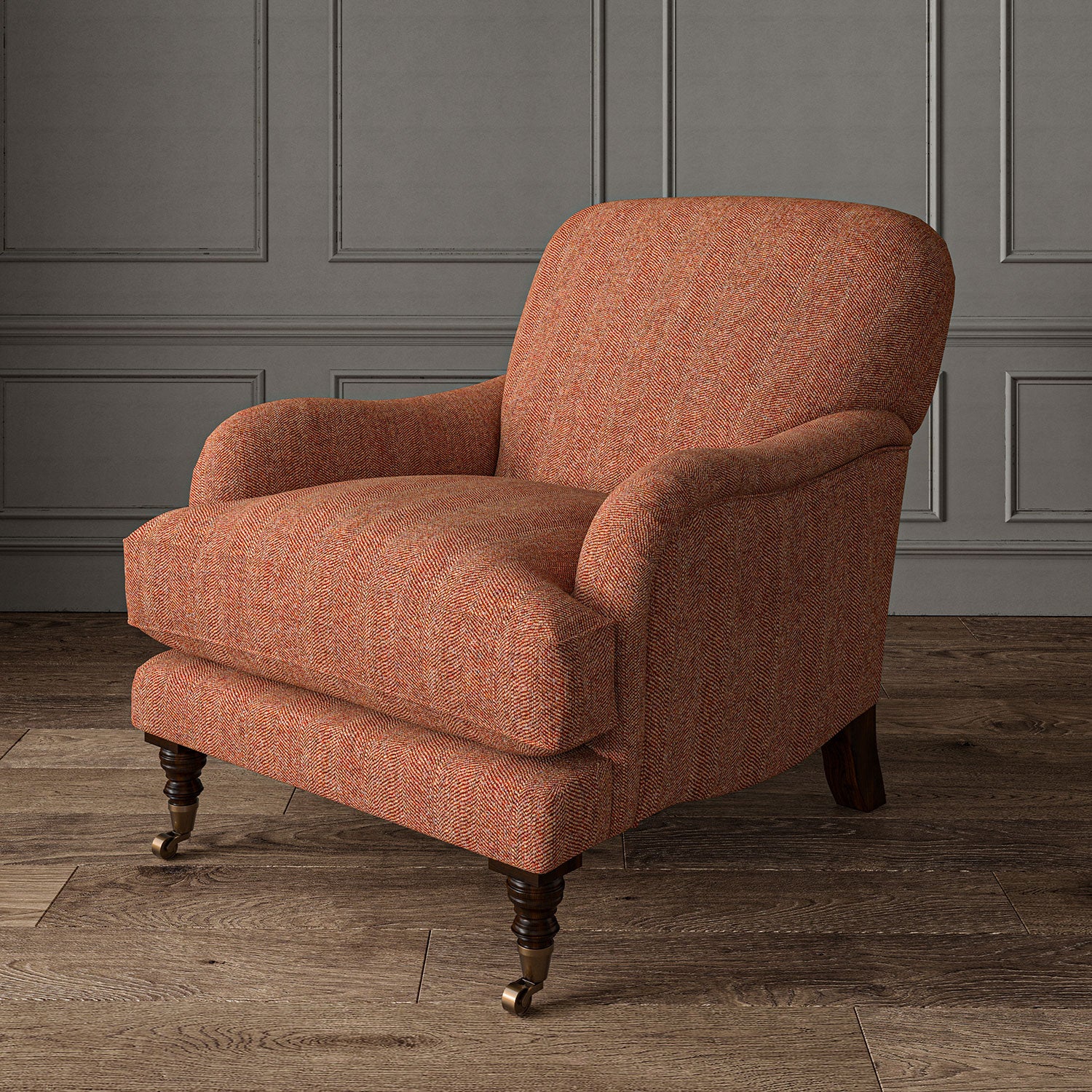 Red chair upholstered in a herringbone pure wool woven fabric.