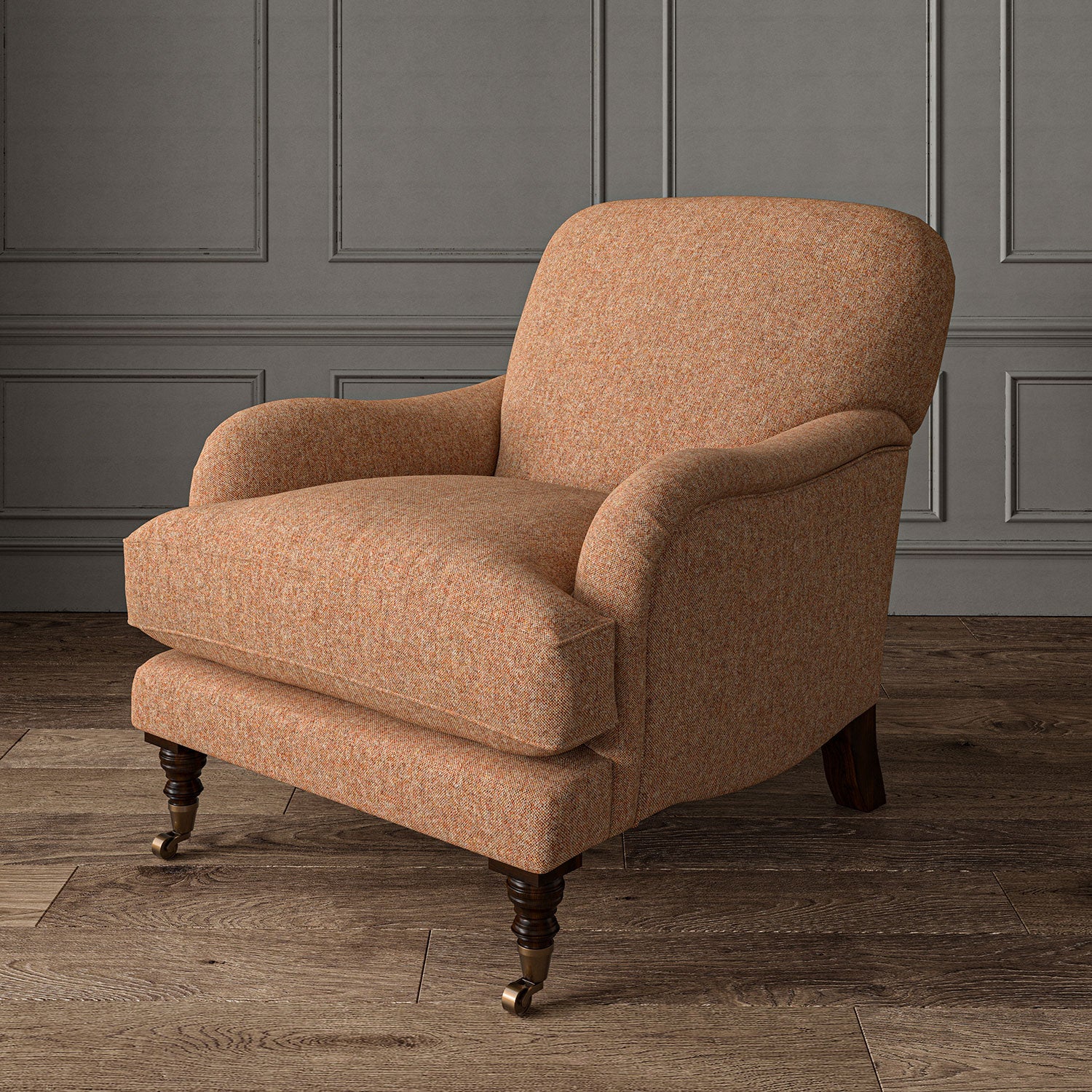 Orange chair upholstered in a plain pure wool woven fabric.