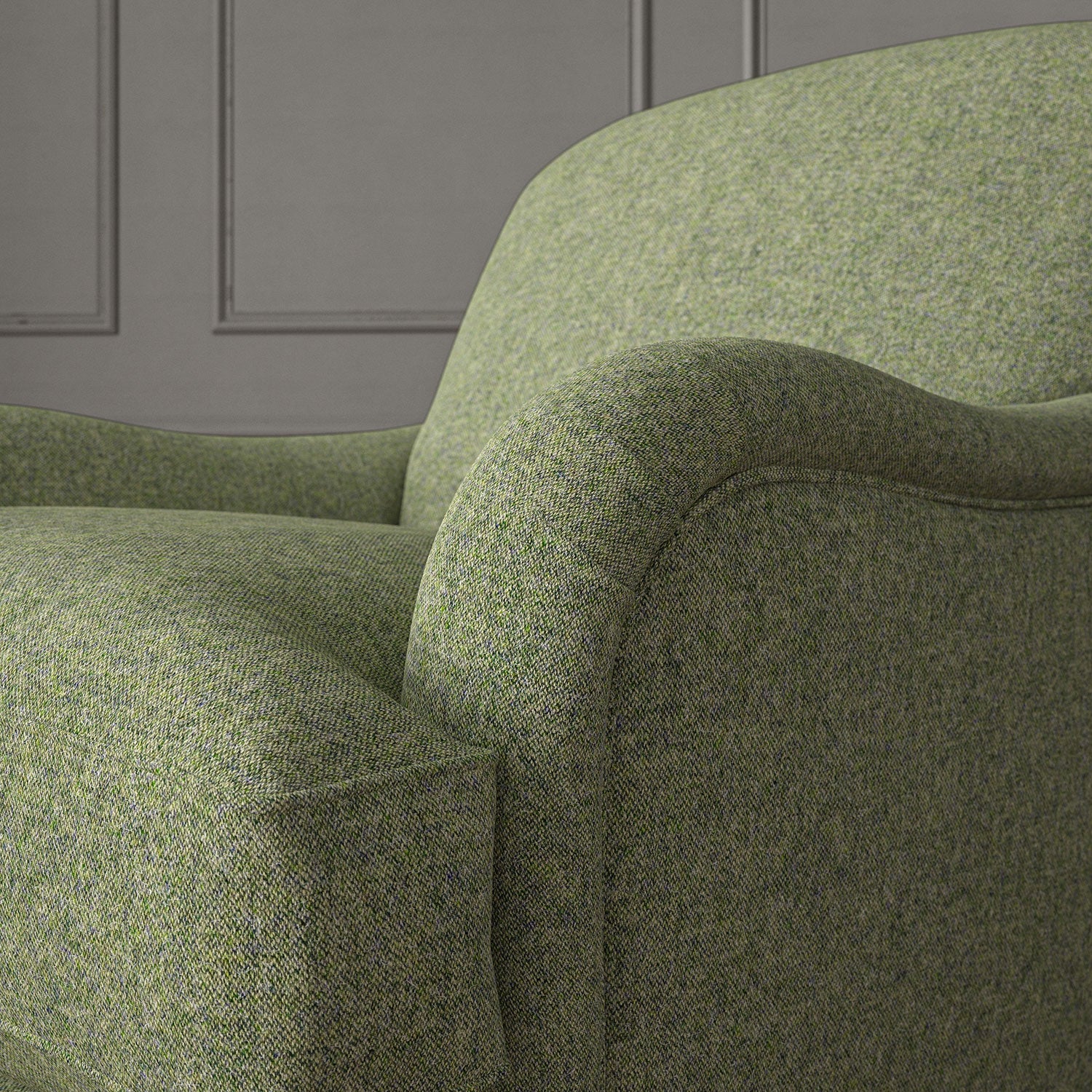 Green chair upholstered in a plain pure wool woven fabric.