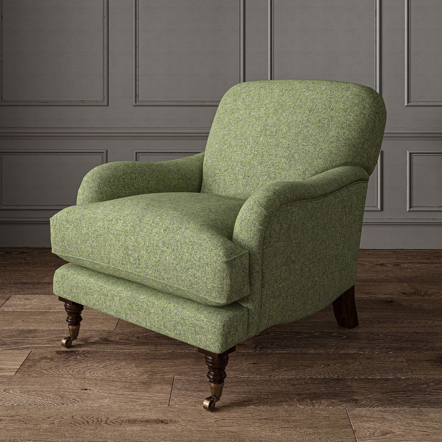 Green chair upholstered in a plain pure wool woven fabric.