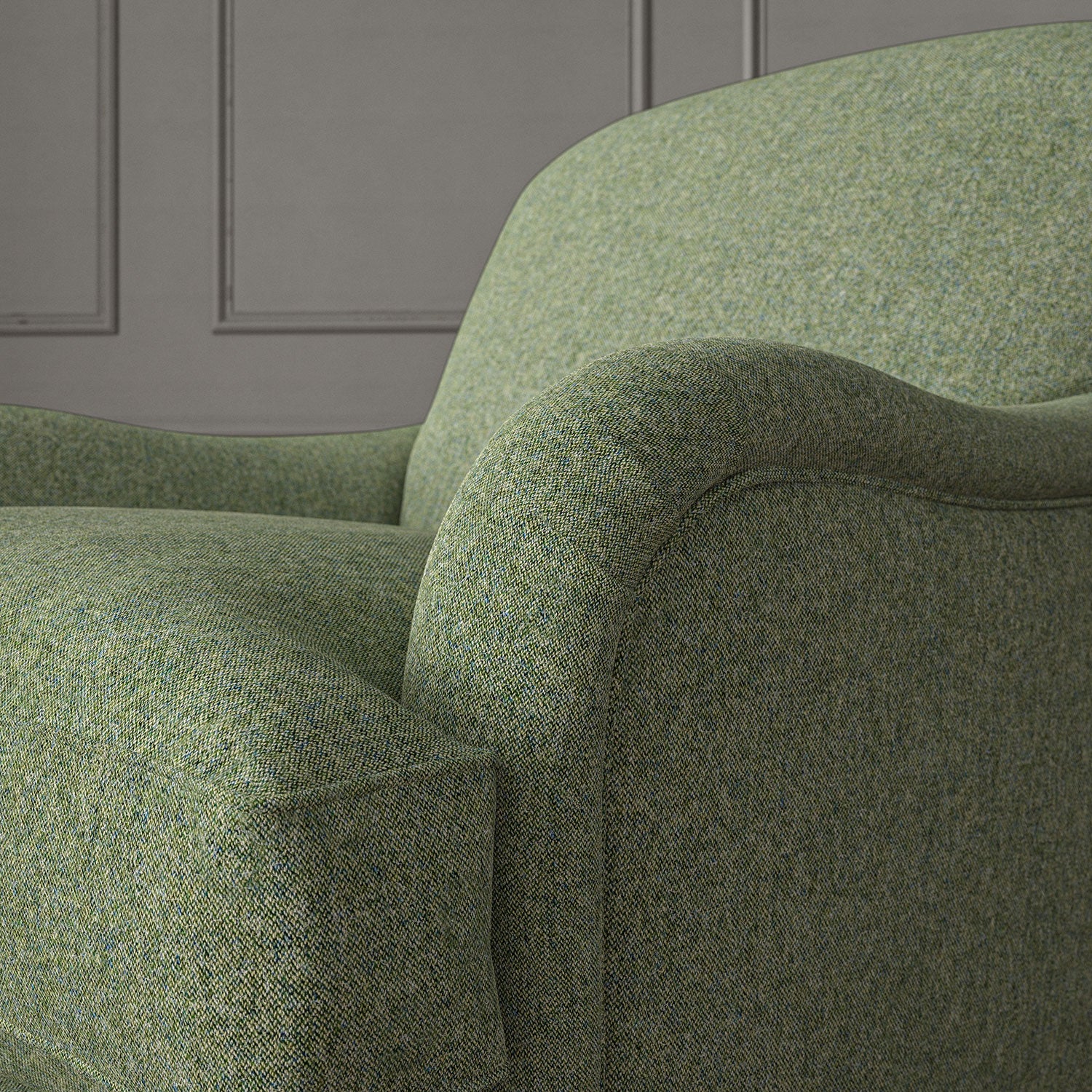 Green chair upholstered in a plain pure wool woven fabric.