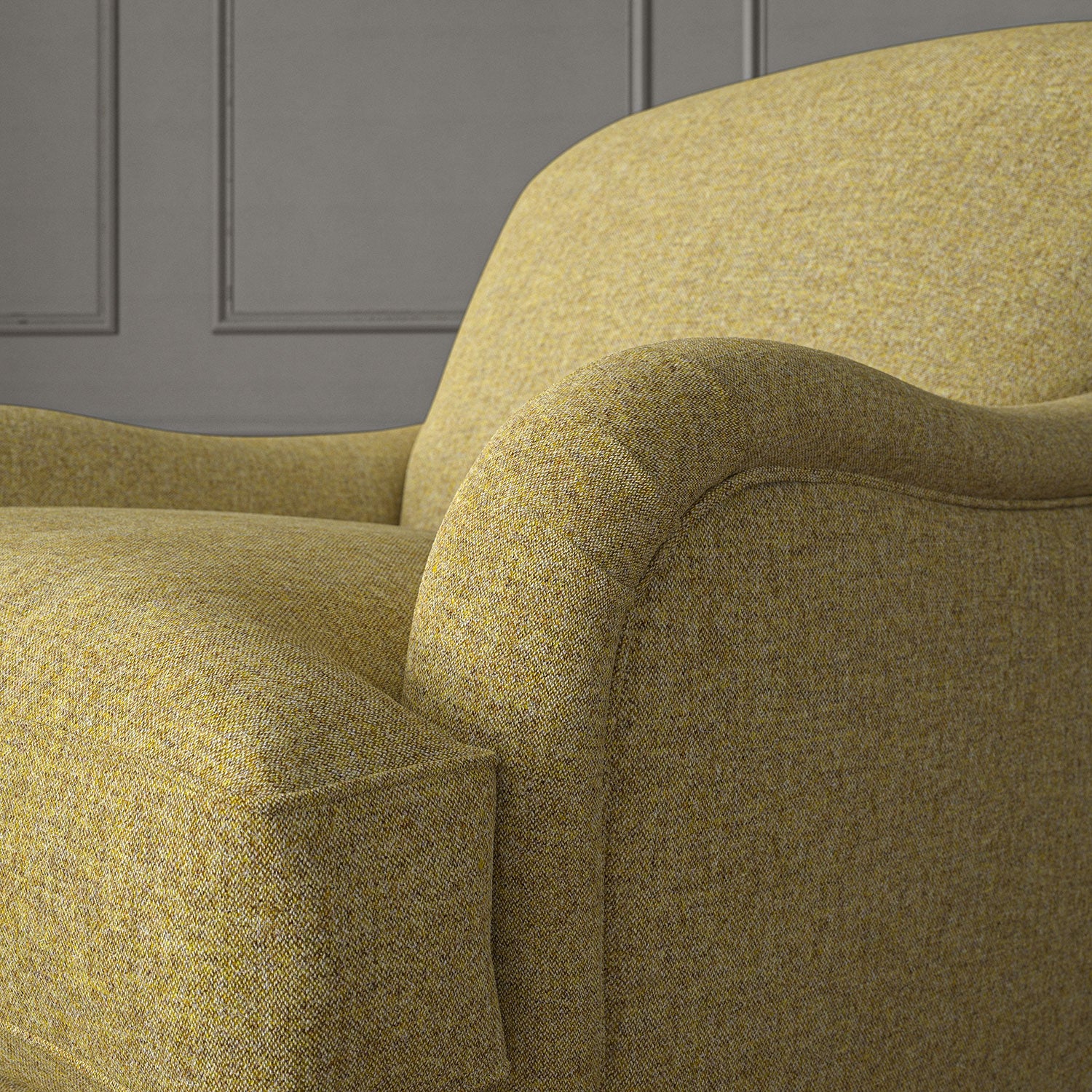 Yellow chair upholstered in a plain pure wool woven fabric.