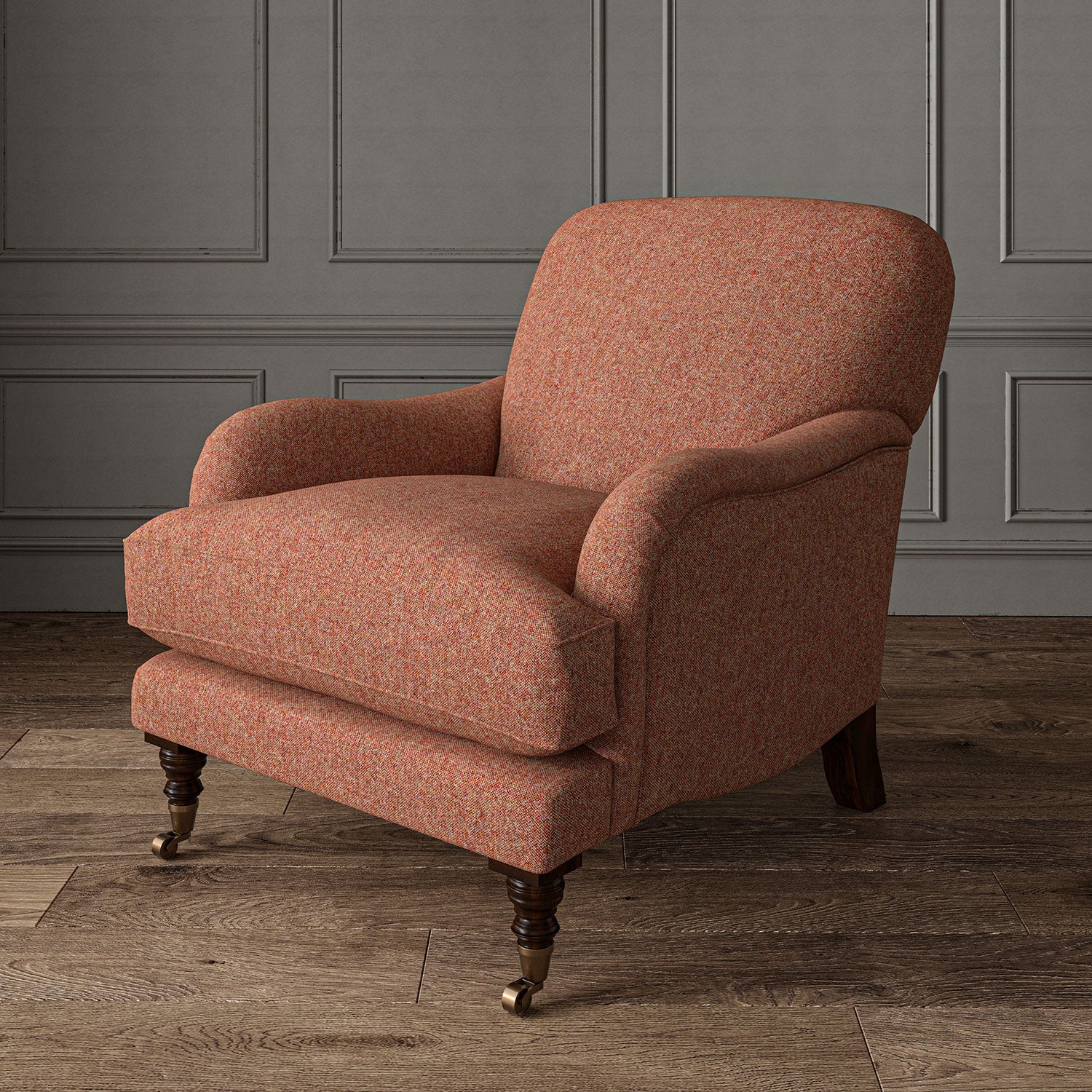 Red chair upholstered in a plain pure wool woven fabric.