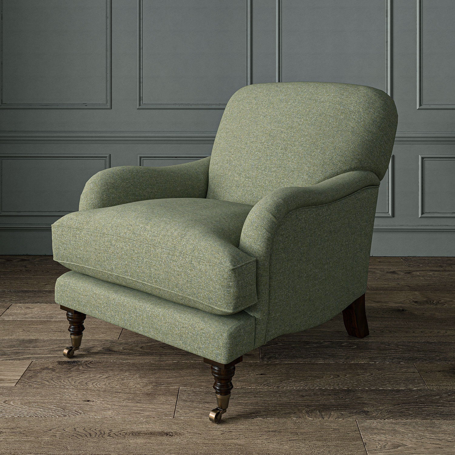 Green chair upholstered in a plain pure wool woven fabric.