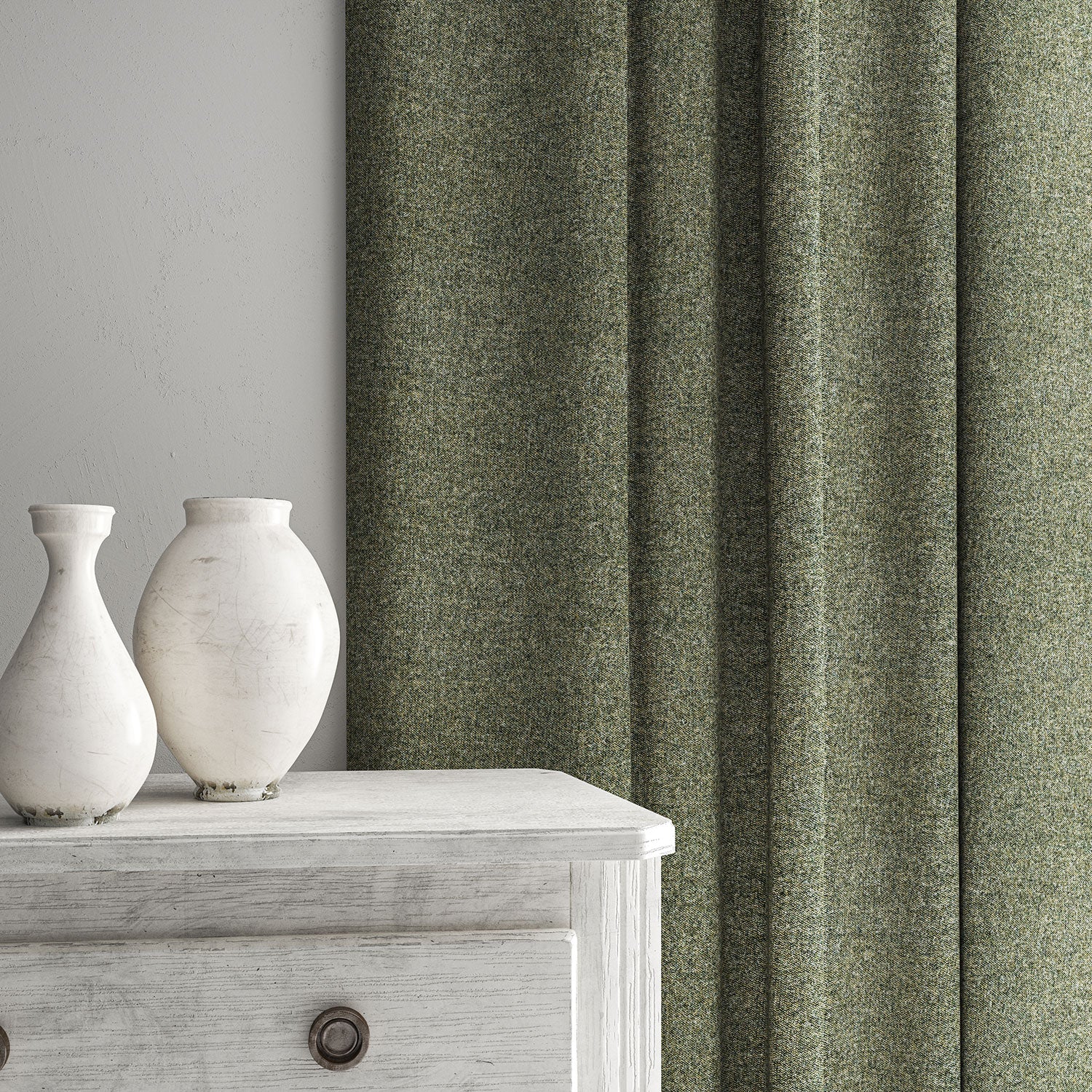 Grey curtain made from a plain pure wool woven fabric.